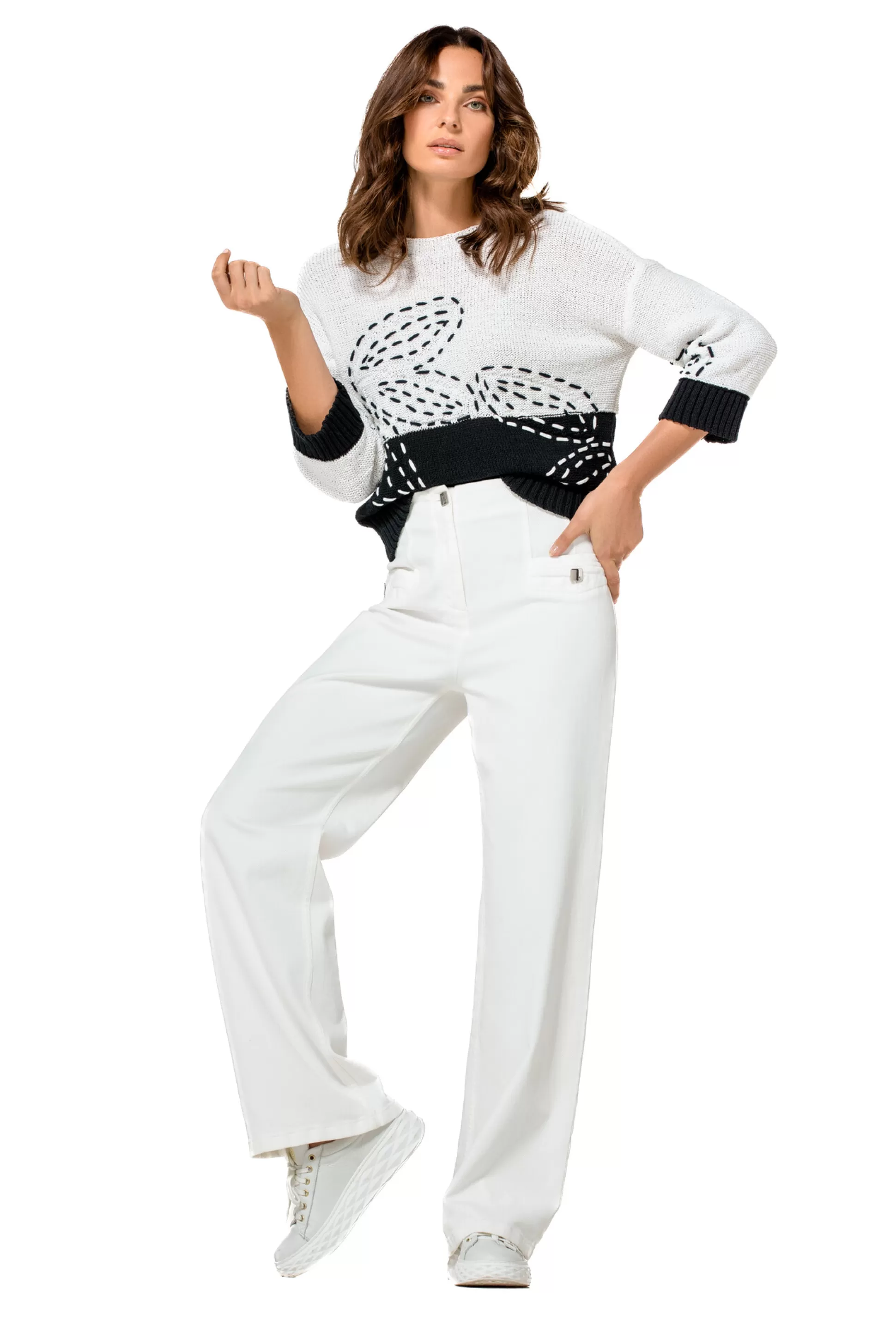 Caroline Biss 1502-91 / Pantalon Confortable, Look Jeans, Jambe Droite, Taille Haute*Femmes Pantalon