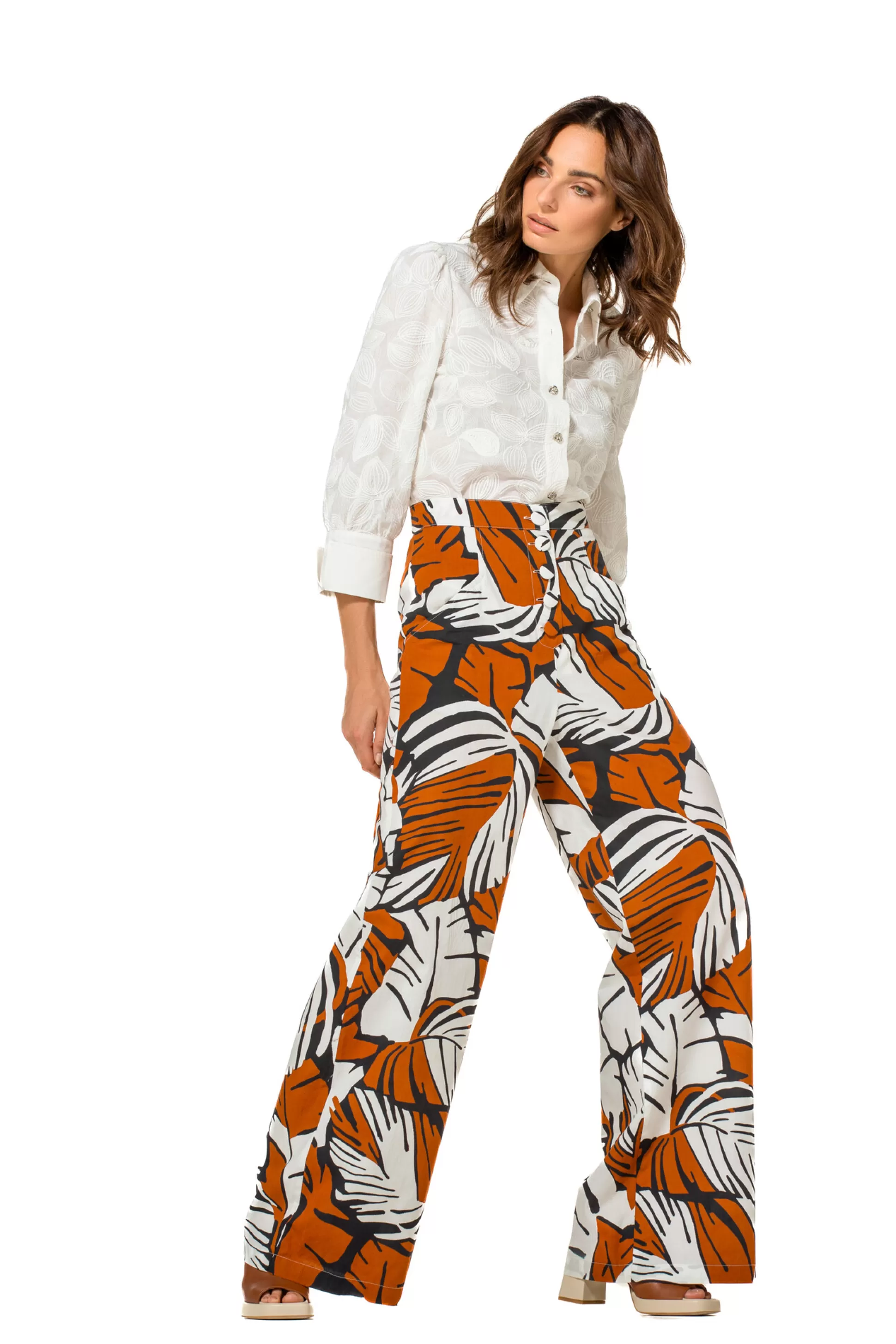 Caroline Biss 1508-39 / Pantalon En Coton, Jambe Large, Taille Haute*Femmes Pantalon