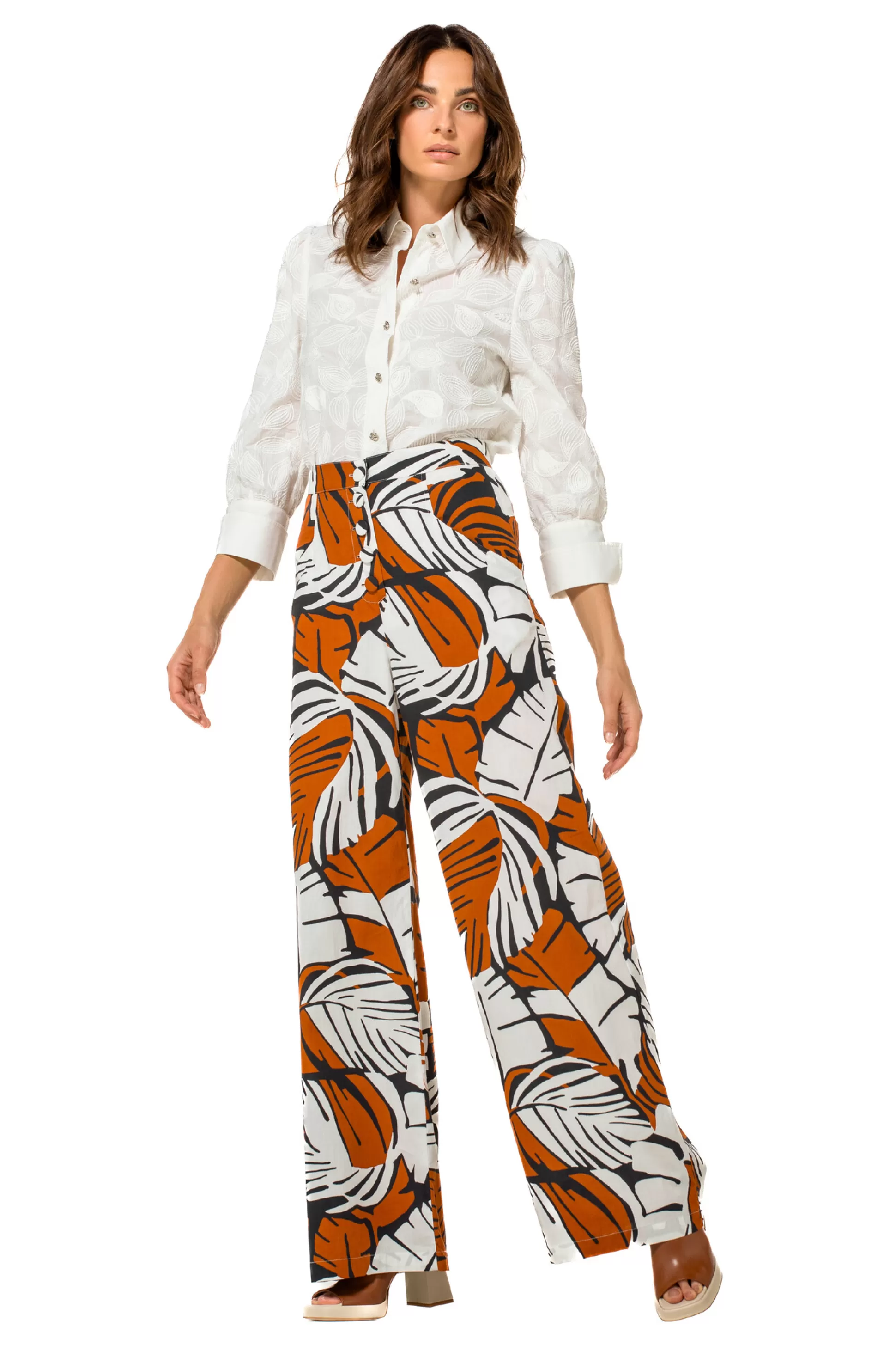 Caroline Biss 1508-39 / Pantalon En Coton, Jambe Large, Taille Haute*Femmes Pantalon