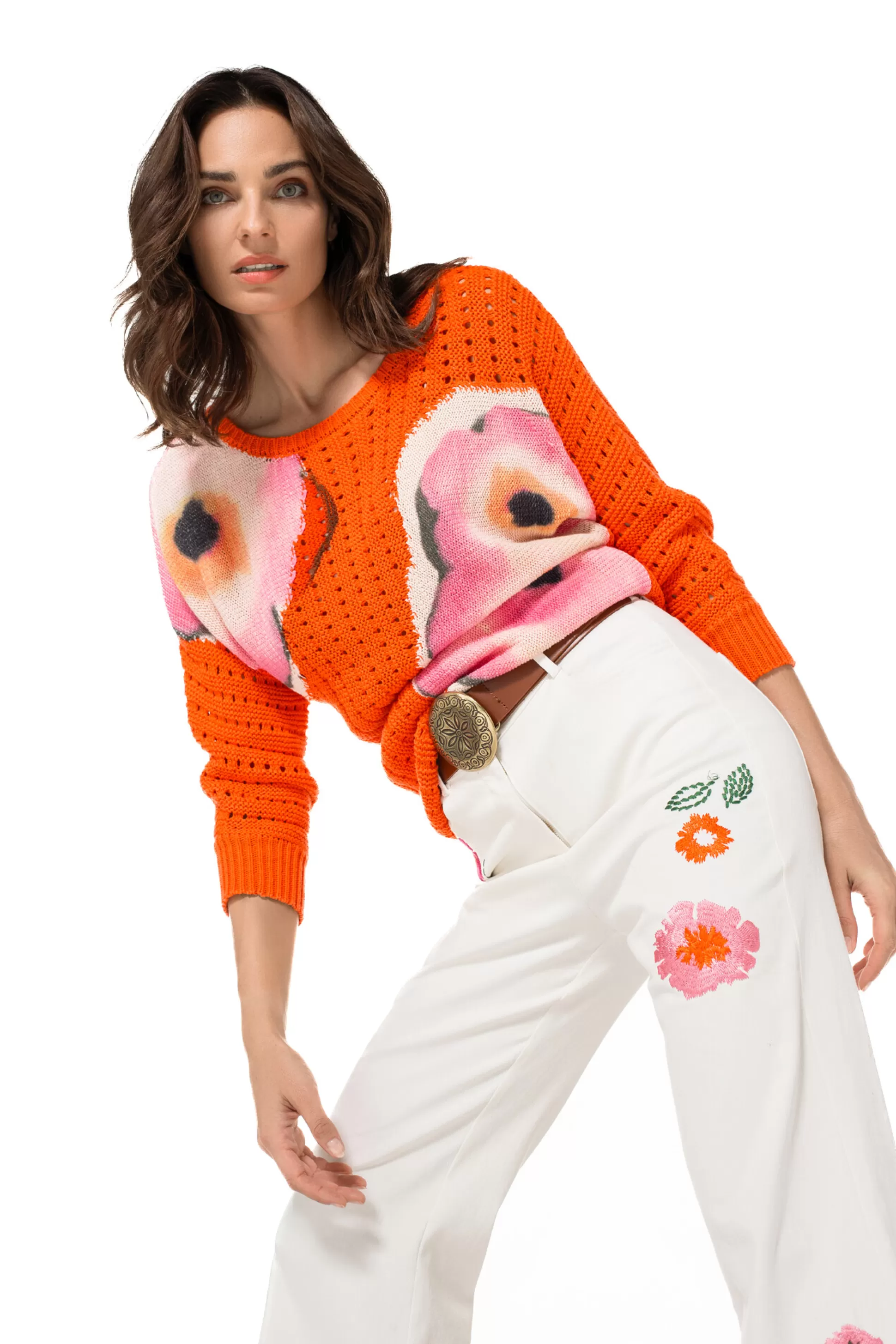 Caroline Biss 1509-69 / Jean Confortable Avec Broderie, Jambe Evasee, Taille Normale*Femmes Pantalon