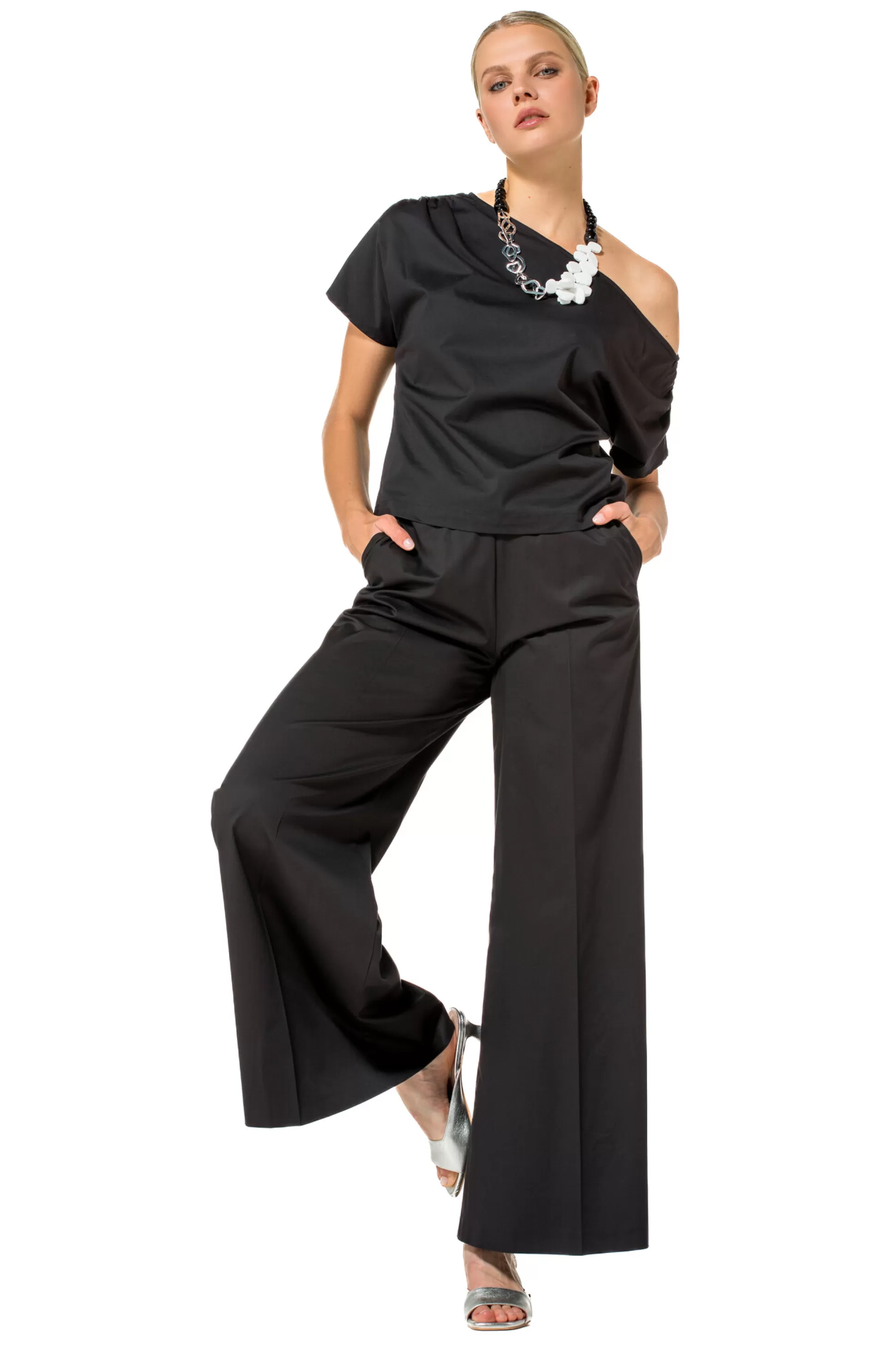 Caroline Biss 1569-10 / Pantalon Large Confortable En Coton, Taille Normale*Femmes Pantalon