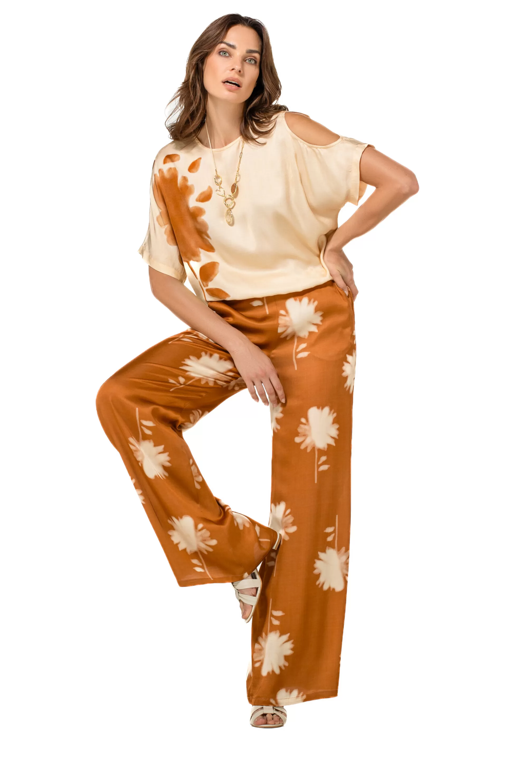 Caroline Biss 1576-32 / Pantalon Fluide Brillant, Jambe Large, Taille Normale*Femmes Pantalon